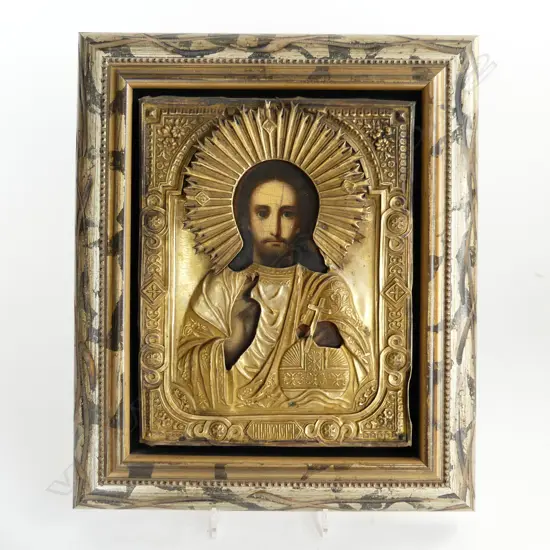 FRAMED ANTIQUE RUSSIAN ICON OF CHRIST, 230 x 175mm