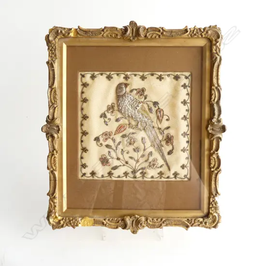 FRAMED ANTIQUE SILVER & GOLD THREAD EMBROIDERED BIRD IN TREE,  250 x 210mm