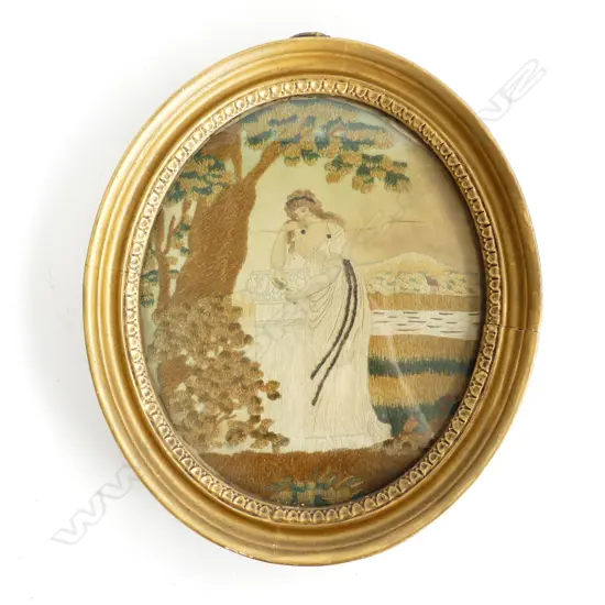 GEORGIAN FRAMED OVAL EMBROIDERY, YOUNG WOMAN CONTEMPLATING,  H.330mm