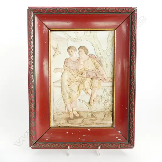 ANTIQUE PORCELAIN PLAQUE DEPICTING TWO ROMAN GIRLS IN GARDEN, FRAMED, 240 x 150mm