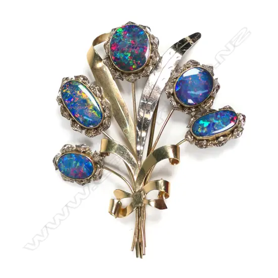 Antique 10ct yellow gold opal large floral spray brooch,