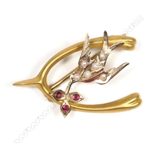 A 9ct gold Victorian swallow seed pearl brooch,