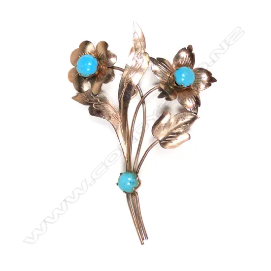 A vintage 9ct rose gold and turquoise floral spray brooch,