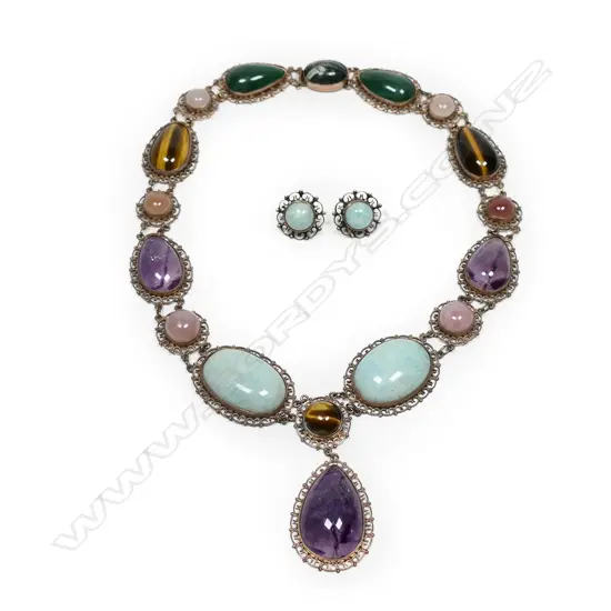 Vintage 9ct gold semi-precious necklace and matching earrings,