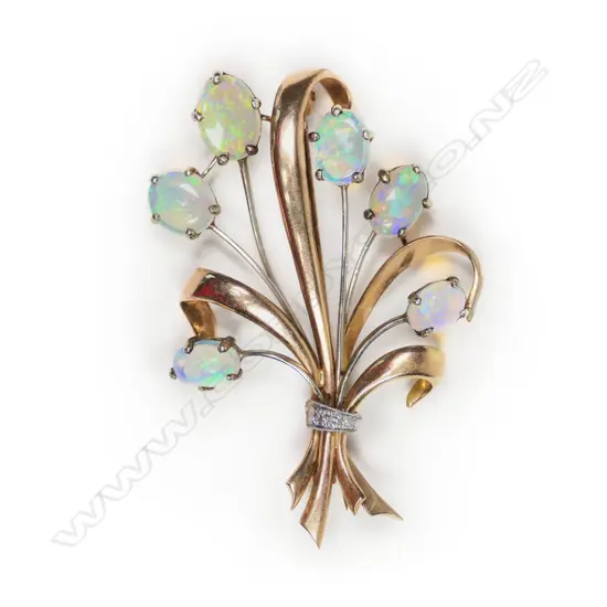 A vintage 9ct rose gold opal and diamond brooch,
