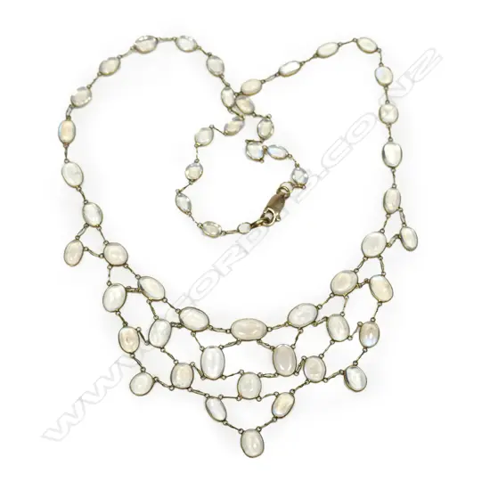 An old 9ct gold and oval cabochon moonstone necklace,
