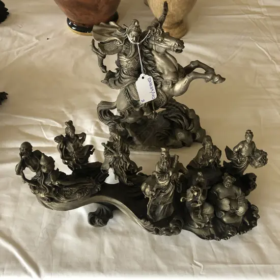 2 METAL (BRONZE?) FIGURE GROUPS; 8 IMMORTALS ON CLOUD...