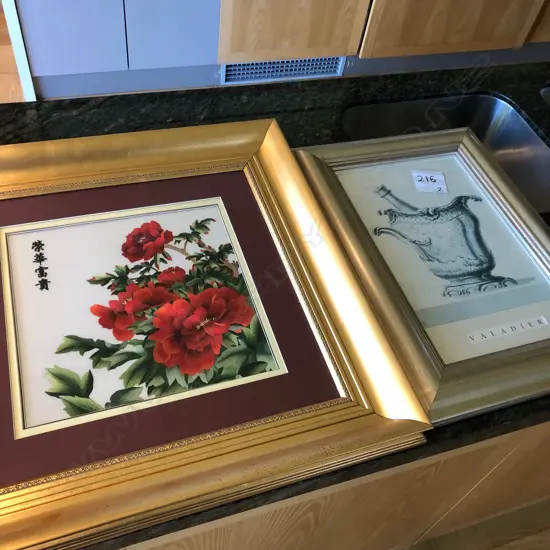 2 FRAMED ARTWORKS: CHINESE STITCHED RED FLOWERS & 'VALADIER'