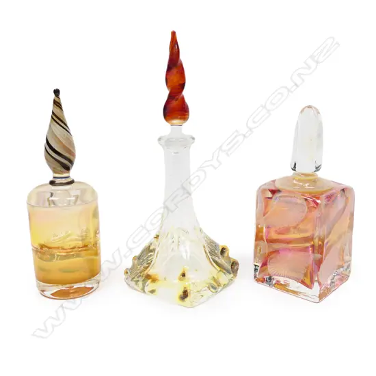 Three Richard Clements attributed art glass scent bottles,