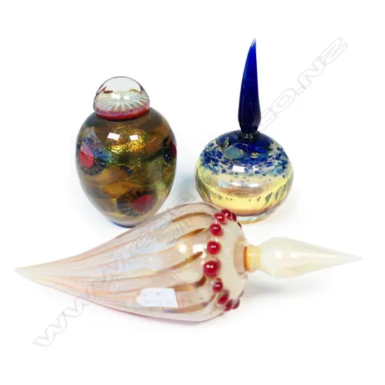 Three Richard Clements attributed art glass scent bottles,
