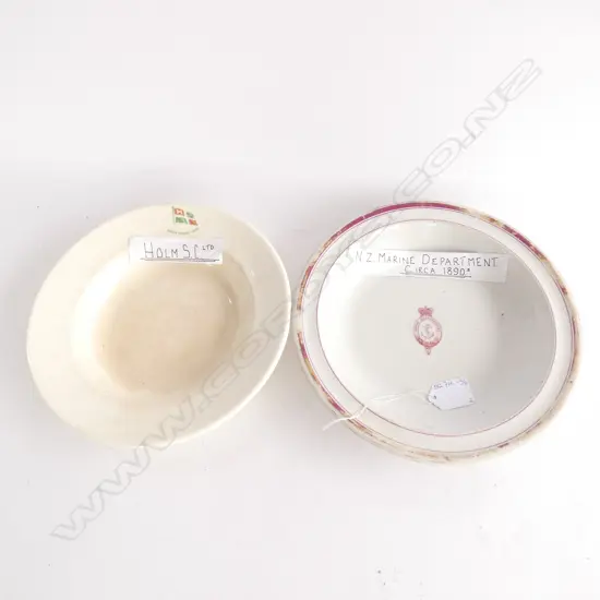 2 BOWLS; NZ MARINE DEPT. - C1890&#x27;S - DIA. 240MM &amp; GREEN FUNNEL LINES DIA 230MM