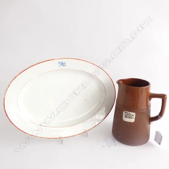 OLD NAUTICAL PCS; STONEWARE JUG (H. 160MM) &amp; JAPANESE PORCELAIN PLATE (310 X 225MM)