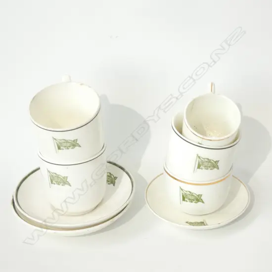 8 USSCo. CUPS &amp; SAUCERS GREEN LOGO. FOLEY CHINA