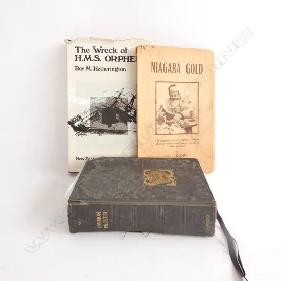 3 OLD SHIPPING BOOKS; WRECK OF HMS ORPHEUS/SHAW SAVILL LINE BOOK OF PRAYERS &amp; NIAGARA GOLD