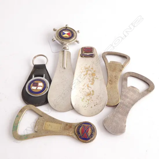 OLD SHIPPING SHOE HORN; SS IBERIA &amp; MV WANCANELLA SHOE HORN &amp; 3 BOTTLE OPENERS INC. NORTHERN STEAMSHIPS KEY RING