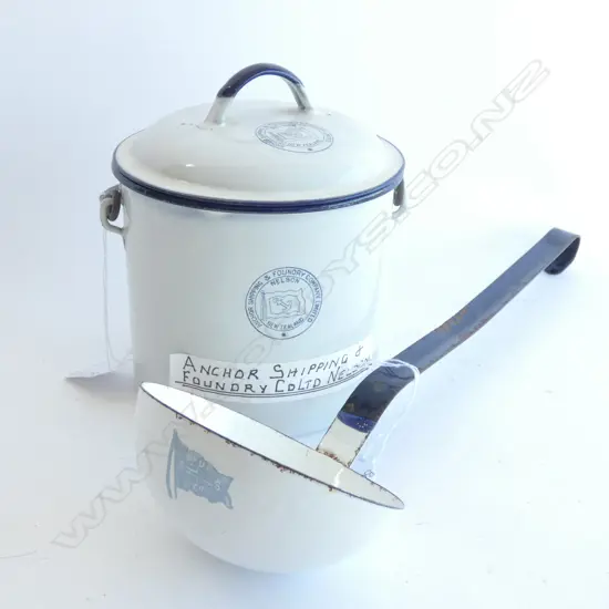 OLD ENAMEL ANCHOR SHIPPING &amp; FOUNDRY CO. NELSON BILLY. H. 150MM &amp; OLD ENAMEL LADLE L. 360MM