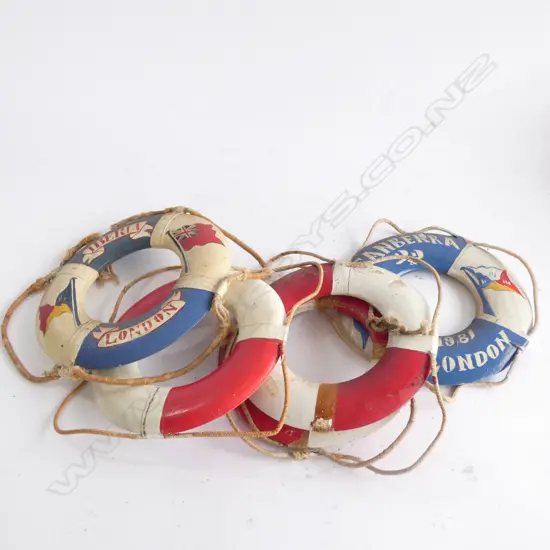 5 MINIATURE LIFEBUOYS; CANBERRA &#x27;81 / IBERIA &#x27;71 / HIMALAYA &#x27;72 / ARCADIA &#x27; 76 &amp; IBERIA LONDON - DIA, 150MM