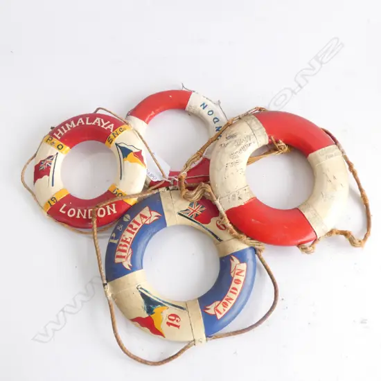 4 MINIATURE LIFEBUOY&#x27;S; CHITRAL LONDON/P&amp;O IBERIA &#x27;65/RMS IBERIA &#x27;63/P&amp;O HIMALAYA LONDON &#x27;60. DIA. 145MM