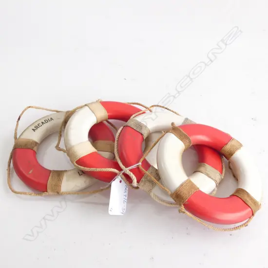 4 MINIATURE LIFEBUOYS; ARCADIA LONDON / ORIANA LONDON / OCEAN MONARCH &amp; MALAYSIA SINGAPORE - DIA. 115MM