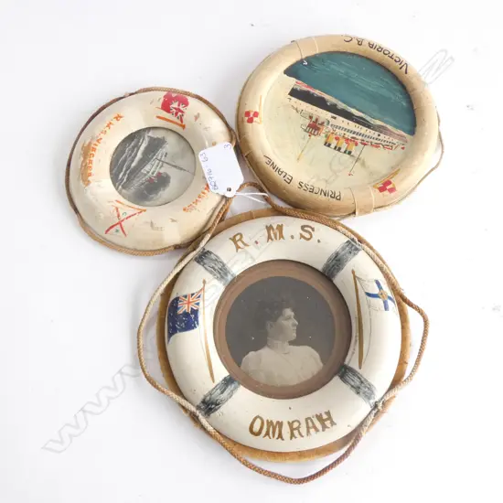 3 OLD MINIATURE LIFEBUOY FRAMES; RMS NIAGRA /PRINCESS ELAINE / RMS OMRAH - LARGEST DIA 165MM