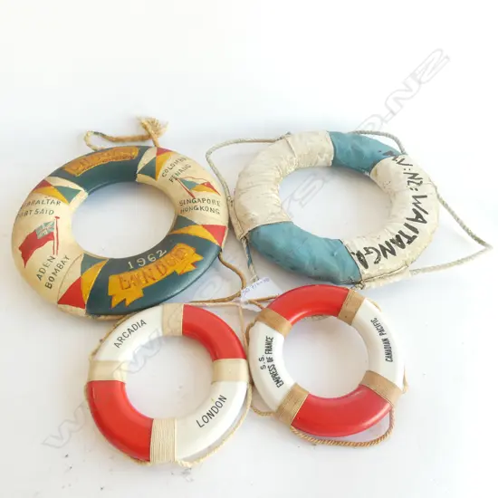 4 MINIATURE LIFEBUOY&#x27;S; SS EMPRESS OF FRANCE/ARCADIA / MW WAITANGI / CHUSAN  LARGEST DIA.190MM