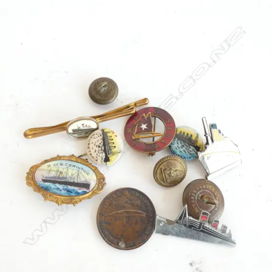 SIX SHIP SOUVENIR BADGES / 3  OLD BRASS SHIP UNIFORM BUTTONS / TIE PIN & 1901 ORPHEUS PENNY PENDANT