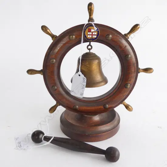 RMS RANGITOTO MINIATURE WOOD & BRASS  SHIPS WHEEL DINNER BELL WITH STICK. DIA. 200MM 