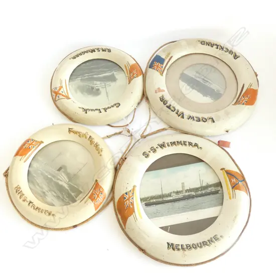4 OLD MINIATURE LIFEBUOY FRAMES; RMS TAHITI / RMS NIAGARA / SS WIMMERA & LOEW VICTOR, LARGEST DIA. 220MM