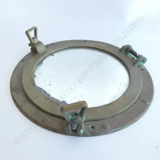 OLD BRASS SHIPS PORTHOLE MIRROR  (FOXING AROUND EDGES) - DIA 295MM