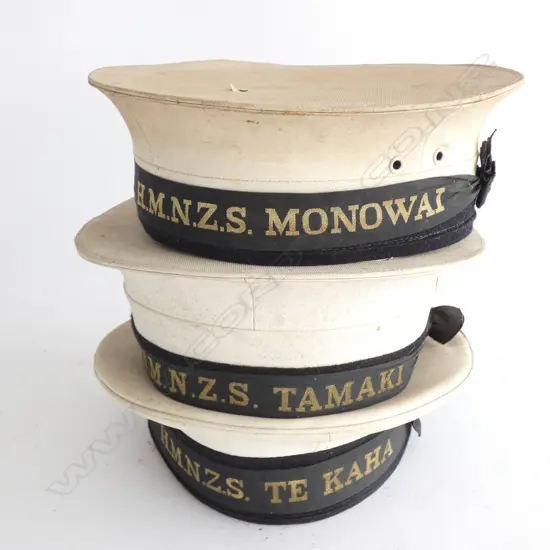 THREE OLD NZ SAILORS HATS; HMNZS MONOWAI / TAMAKI & TE KAHA