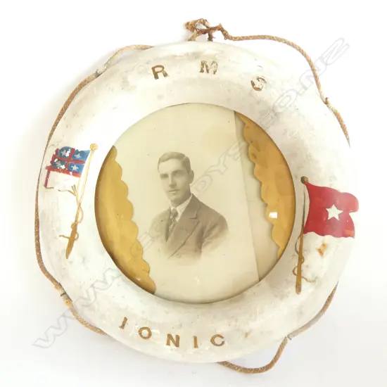 SM. VINTAGE LIFEBUOY FRAME - 'RMS IONIC' - DIA . 225MM WITH OLD POSTCARD