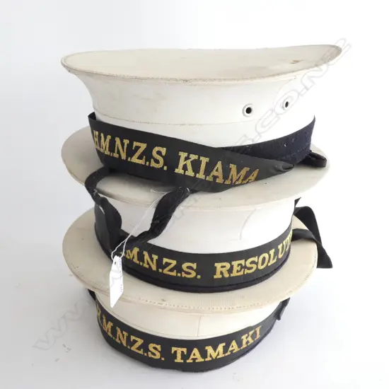 THREE OLD NZ SAILORS HATS; HMNZS RESOLUTION / TAMAKI & KIAMA  