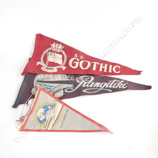 3 VINTAGE SOUVENIR SHIPS PENNANT FLAGS; RMS RANGITIKI/ SS GOTHIC & SS CANBERRA