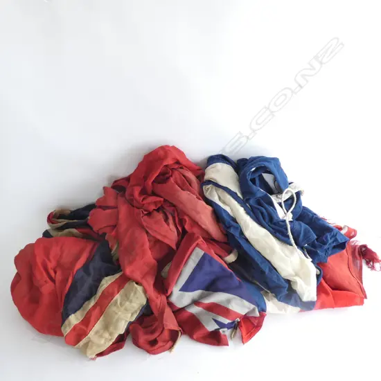 BOX ASST OLD SHIPPING FLAGS - VARIOUS CONDITIONS