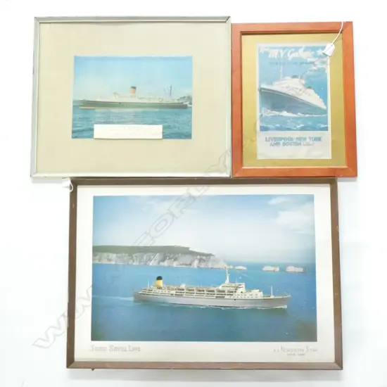 3 OLD FRAMED SHIPPING PRINTS; MV GEORGIC ADVERT. POSTER /SS NORTHERN STAR & MV HINEMOA. LARGEST 410 X 640MM