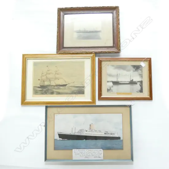 4 OLD FRAMED SHIPS PRINTS / PHOTOS INCL SS BREMEN 1946. LARGEST 450 X 235MM