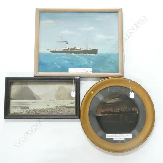 3 OLD FRAMED SHIPPING PAINTINGS INCL. SS, TUTANEKAI OIL ON VELVET. DIA. 340MM