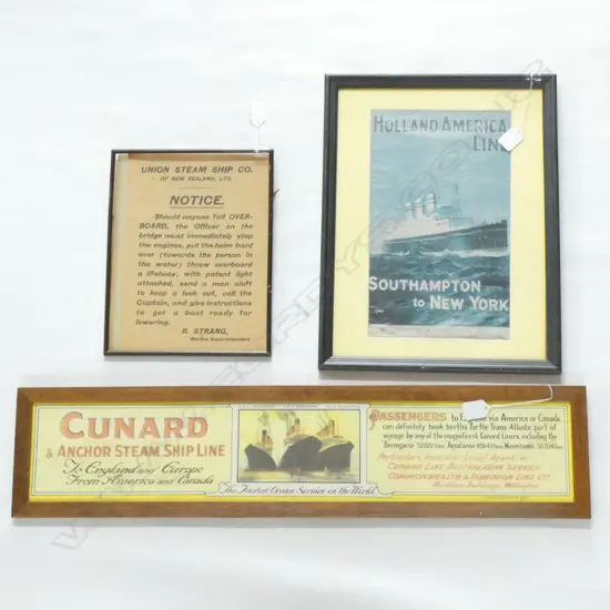 2 FRAMED SHIPS ADVERTISING POSTERS (635 X 135MM) & 1 SHIPS SAFETY NOTICE. 
