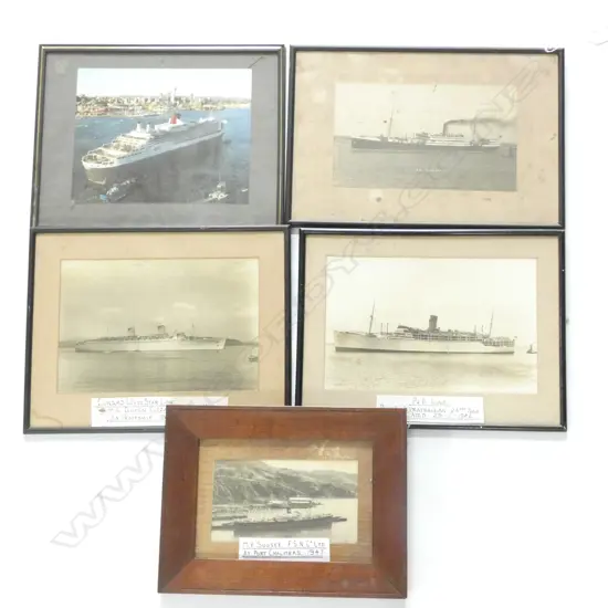 5 OLD FRAMED SHIP PHOTOS / PRINTS INCL. RMS REMUERA. LARGEST 250 X 200MM 
