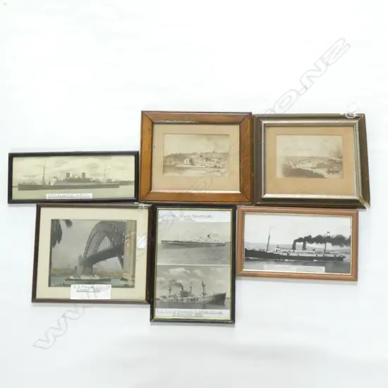 6 OLD FRAMED SHIPPING PHOTOS & PRINTS INCL. SS MATUA 1936. LARGEST 230 X 180MM