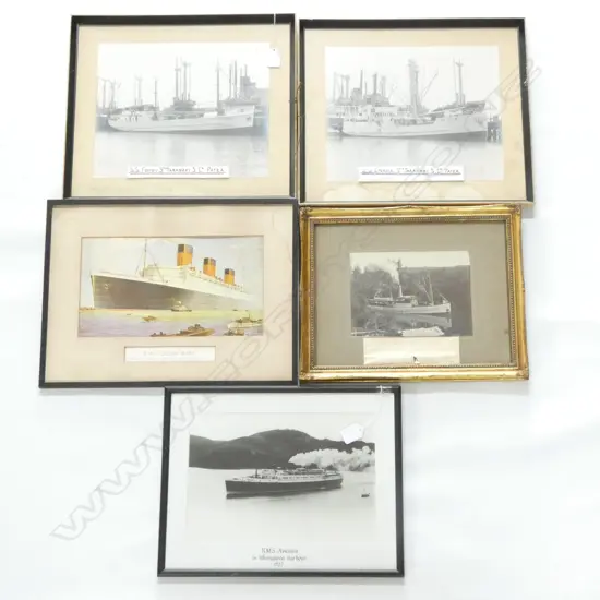 5 OLD FRAMED SHIPPING PHOTOS & PRINTS INCL. RMS AWATEA 1937 - LARGEST 245 X 300MM