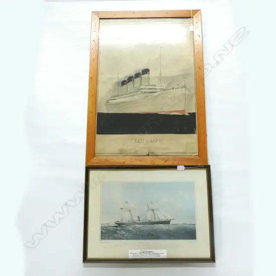 2 OLD FRAMED SHIP PRINT & PAINTING; SS EGMONT & SS OLYMPIC - 490 X 750MM