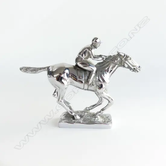 Chromed race horse and jockey car mascot,