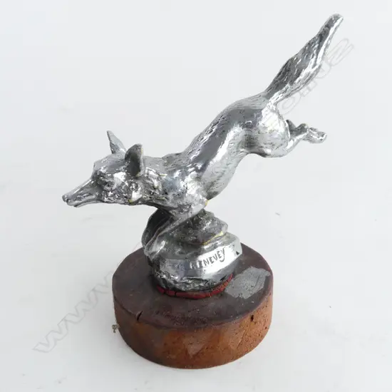 Chrome Kenevey leaping fox on wood car mascot,