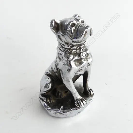 Chrome bulldog car mascot stamped ‘Bofill’,