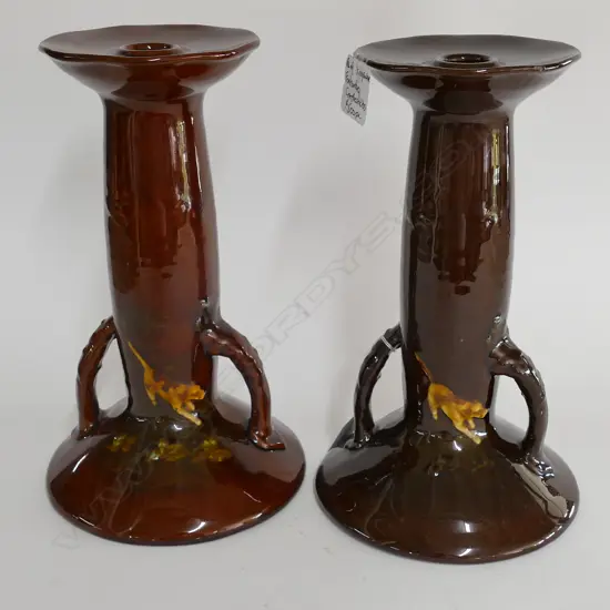 PR ROYAL DOULTON KINGSWARE FOX HUNT CANDLESTICKS 250MM H