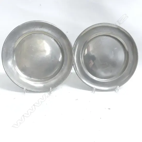 Two 19thC pewter plates: dated 1866 and 1858. Dia. 210mm.