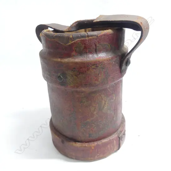 A 19thC naval powder charge bucket red-brown painted canvas with coat-of-arms to one side. H.310mm. Handle broken.