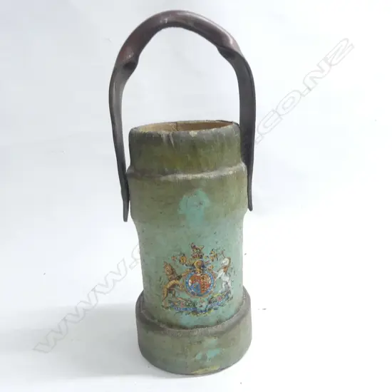 A 19thC naval powder charge bucket green painted canvas with coat-of-arms transfer to one side. H.310mm.