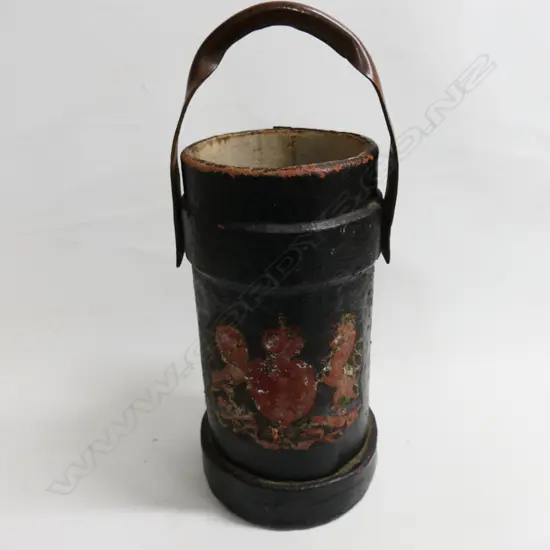 A 19thC naval powder charge bucket painted canvas with coat-of-arms to one side. H.420mm.